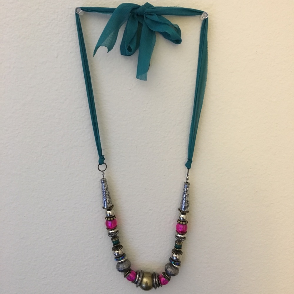 Teal ribbon & bead necklace.